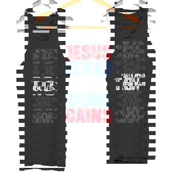 Bold Humor Jesus Texas Tacos Guns Gains Tank Top | Mazezy