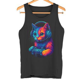 Cat Playing Video Games Cute Colorful Cat Gaming Tank Top | Mazezy