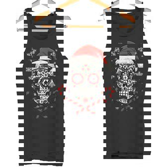Christmas Sugar Calavera Skull Santa Hat Candy Cane Tank Top | Mazezy