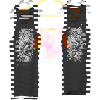 Karaoke Retro Singing Cat With Microphone Music Tank Top | Mazezy