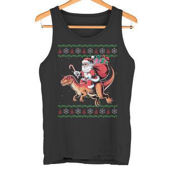 Santa Riding Dinosaur Animal Ugly Christmas Sweater Tank Top | Mazezy