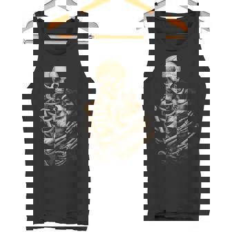 Skeleton Hugging Dog Australian Shepherd Halloween Tank Top | Mazezy