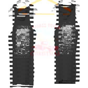 Small Town Christmas Red Truck Farmhouse Snowy Barn Tank Top | Mazezy