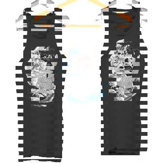 Whimsical Kitty Surfing Koi Fish Japanese Wave Ocean Art Tank Top | Mazezy