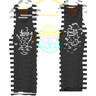 カウボーイ 猫 顔 ラウンド サングラス ウェスタン グラフィック ピンク アニマル タンクトップ - Kawaiitshirt