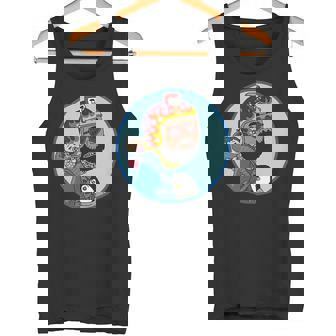 赤ちゃんをおんぶしたファンキー男 ハート型のサングラス ミニダルマ ヒゲ ファイヤーパターンのヘルメット タンクトップ - Kawaiitshirt