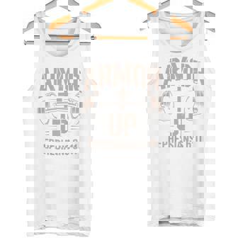 Armor Up Gym Jesus Christian Workout Dumbbell Cross Barbell Tank Top | Mazezy