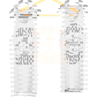 Men God Is My Strength Jesus Christian Workout Barbell Cross Tank Top | Mazezy