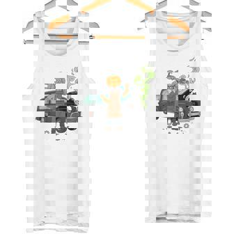 Pumpkin Mechanic Working On Vintage Haunted Car Halloween Tank Top | Mazezy