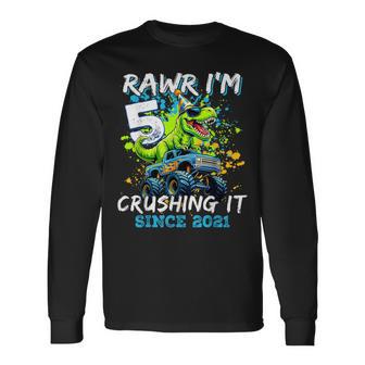 5Th Birthday Monster Truck Dinosaur Party Boys Rawr I'm 5 Long Sleeve T-Shirt - Thegiftio UK