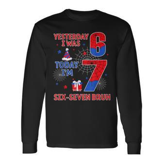 I Was 6 Now I'm 7 7Th Spider Theme Birthday Boy 7 Year Old Long Sleeve T-Shirt - Thegiftio UK