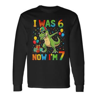 I Was 6 Now I'm 7 Birthday Dabbing Dinosaur 7 Years Old Boy Long Sleeve T-Shirt - Thegiftio UK