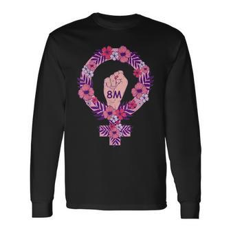8 De Marzo Puño En Alto -Imbolo Femenista Con Flores Camiseta de manga larga - Regaloses