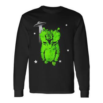 Alien Cat Meme Ufo Vintage Graphic Y2k Silly Cat Long Sleeve T-Shirt | Mazezy