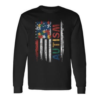 American Flag Autism With Puzzle Long Sleeve T-Shirt - Thegiftio UK
