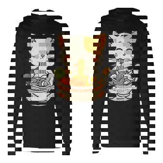 Anime Cat Ramen Japanese Cat Graphic Anime Long Sleeve T-Shirt - Thegiftio