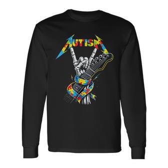 Autism Awareness Autism Skeleton Guitar Player Rock Music Long Sleeve T-Shirt - Thegiftio UK
