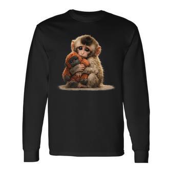 Baby Monkey Hugging Plush Cute Japanese Macaque Meme Long Sleeve T-Shirt - Thegiftio UK