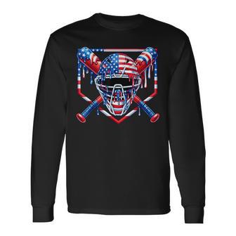 Baseball Catcher Drip American Flag Ice Cream 4Th Of July Long Sleeve T-Shirt - Monsterry