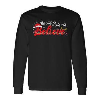 Believe Christmas Santa Claus Reindeer Candy Cane Xmas Long Sleeve T-Shirt - Thegiftio UK