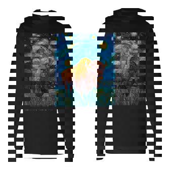 Bison Buffalo Van Gogh Style Starry Night Graphic Long Sleeve T-Shirt - Monsterry
