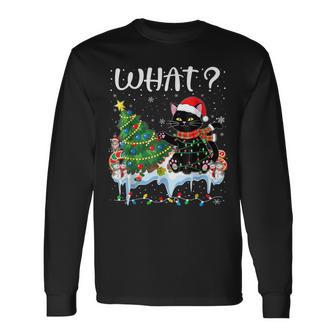 Black Cat Pushing Christmas Tree Over Cat What Xmas Long Sleeve T-Shirt - Thegiftio UK