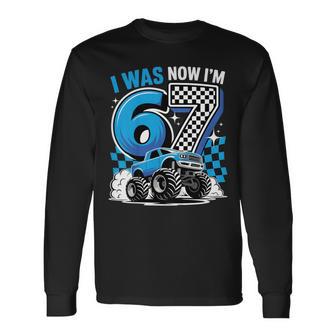 Blue Checkered Monster Truck I Was 6 Now I'm 7 Birthday Boy Long Sleeve T-Shirt - Thegiftio UK