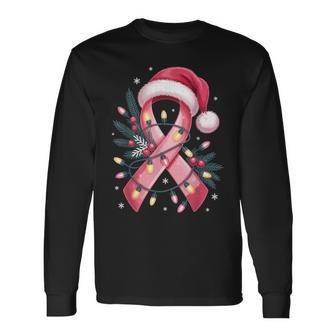 Breast Cancer Awareness Christmas Lights Pink Ribbon Long Sleeve T-Shirt - Thegiftio UK