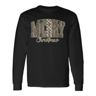 Camo Checkered Merry Christmas Holiday Family Xmas Long Sleeve T-Shirt - Thegiftio