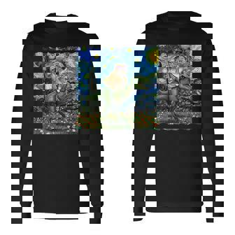 Cat Riding Dinosaur T-Rex Starry Night Van Gogh Cat Lover Long Sleeve T-Shirt | Mazezy