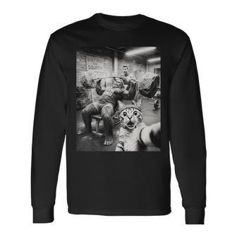 Cat Selfie Bigfoot Gym Bro Weightlifting Workout Long Sleeve T-Shirt - Thegiftio UK