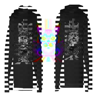 CAT WEARING HEADPHONES NIGHTCLUB ELECTRONICA MUSIC FUNNY Long Sleeve T-Shirt | Mazezy