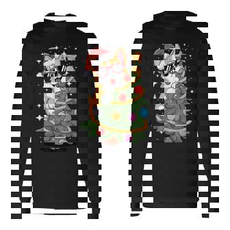 Christmas Corgi Climbing Tree Cartoon Holiday Long Sleeve T-Shirt | Mazezy