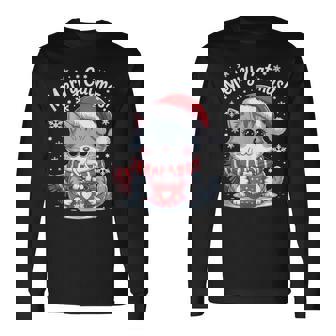 Christmas Outfit Kawaii Cat Santa Hat Hot Cocoa Merry Catmas Long Sleeve T-Shirt - Thegiftio