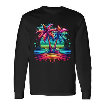 Colorful Palm Trees Beach Neon Beach Vacation Long Sleeve T-Shirt - Thegiftio