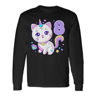 Cumpleaños Niña 8 Años Gato Unicornio 8º Cumpleaños Camiseta de manga larga - Regaloses