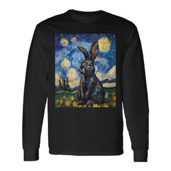 Cute Bunny Rabbit Van Gogh Style Starry Night Graphic Long Sleeve T-Shirt - Monsterry