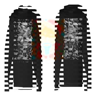 Cute Christmas Fox With Santa Hat Cocoa Cookie Animal Long Sleeve T-Shirt - Thegiftio