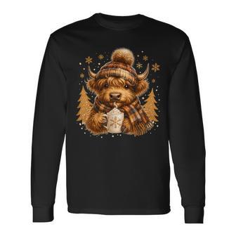 Cute Highland Cow With Hot Cocoa Christmas For Cow Lovers Long Sleeve T-Shirt - Thegiftio UK