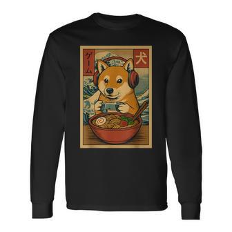Cute Kawaii Gamer Shiba Inu Ramen Retro Japanese Gaming Long Sleeve T-Shirt - Thegiftio