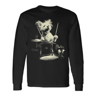 Cute Maltese Playing Drums Music Dog Drummer Graphic Long Sleeve T-Shirt | Seseable UK