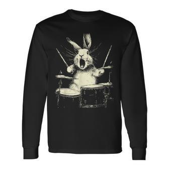 Cute Rabbit Playing Drums Music Animal Drummer Graphic Long Sleeve T-Shirt | Seseable UK