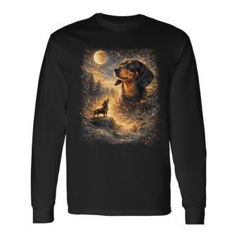 Dachshund Howling At The Moon Retro Graphic Dog Lovers Long Sleeve T-Shirt - Monsterry