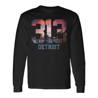 Detroit Michigan 313 Area Code Pride Skyline Long Sleeve T-Shirt | Mazezy