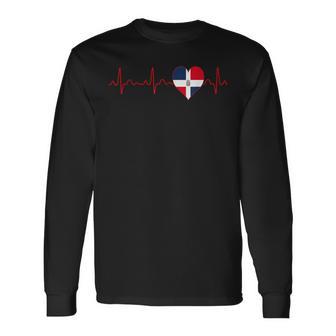 Dominican Republic Flag Heartbeat Ekg Patriotic National Long Sleeve T-Shirt - Monsterry