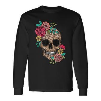 Drôle Dia De Los Muertos Léopard Tête De Mort Fleur Mexicaine T-shirt à manches longues - Cadeauxyz