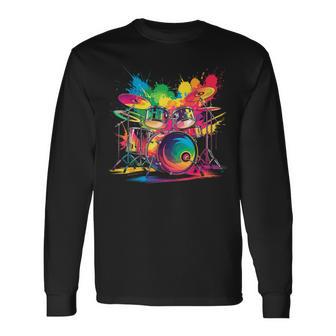 Drummer Drums Colorful Drumset Music Long Sleeve T-Shirt - Thegiftio UK