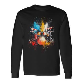 Drums Instrument On Colorful Painted Drums Long Sleeve T-Shirt - Thegiftio UK