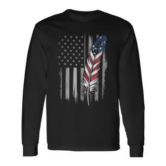 Feather Usa Flag Native American Tribal Tradition Long Sleeve T-Shirt - Monsterry