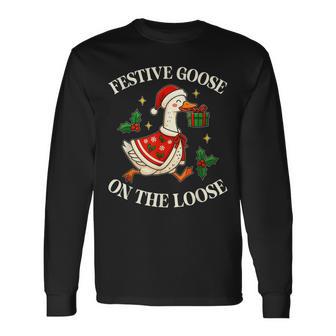 Festive Goose On The Loose Goosemas Christmas Pajama Long Sleeve T-Shirt - Thegiftio UK